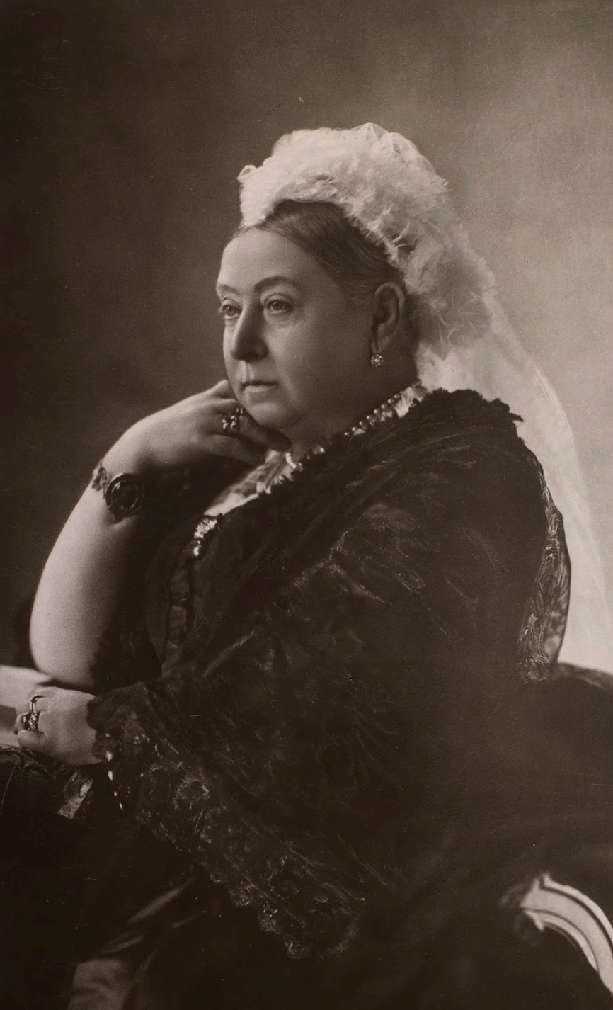 black and white photo of Queen Victoria wearing mourning jewelry