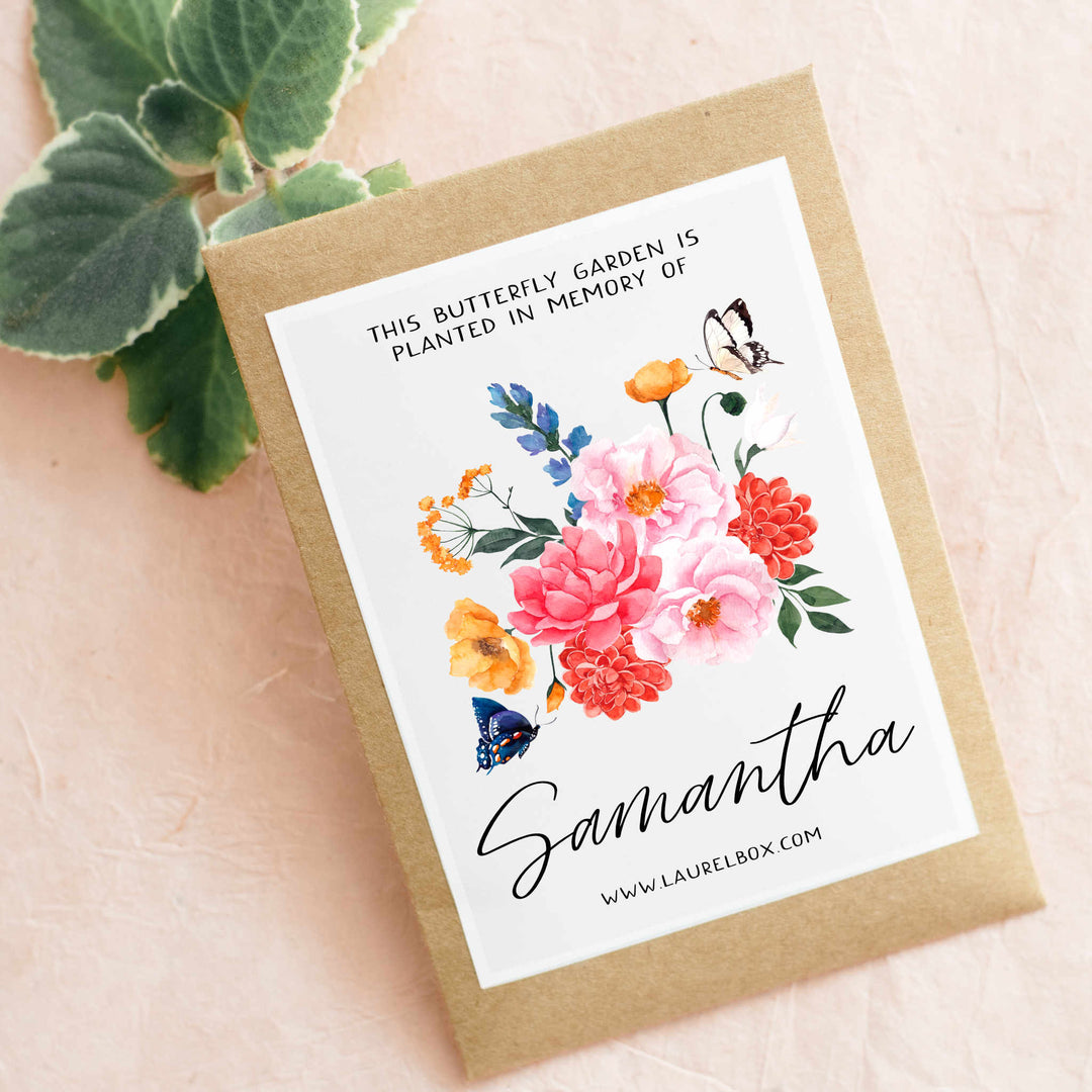 photo of a packet of flower seeds with the words "This butterfly garden is planted in memory of" at the top in black letters, above an image of multi colored flowers and "Samantha" displayed below the flowers