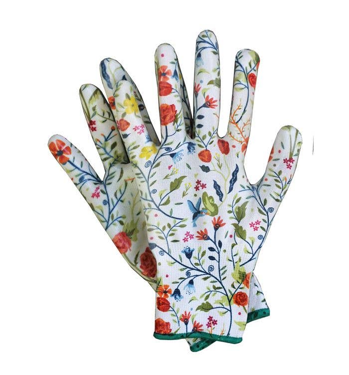 photo of two white gardening gloves with multi colored flowers displayed on the gloves