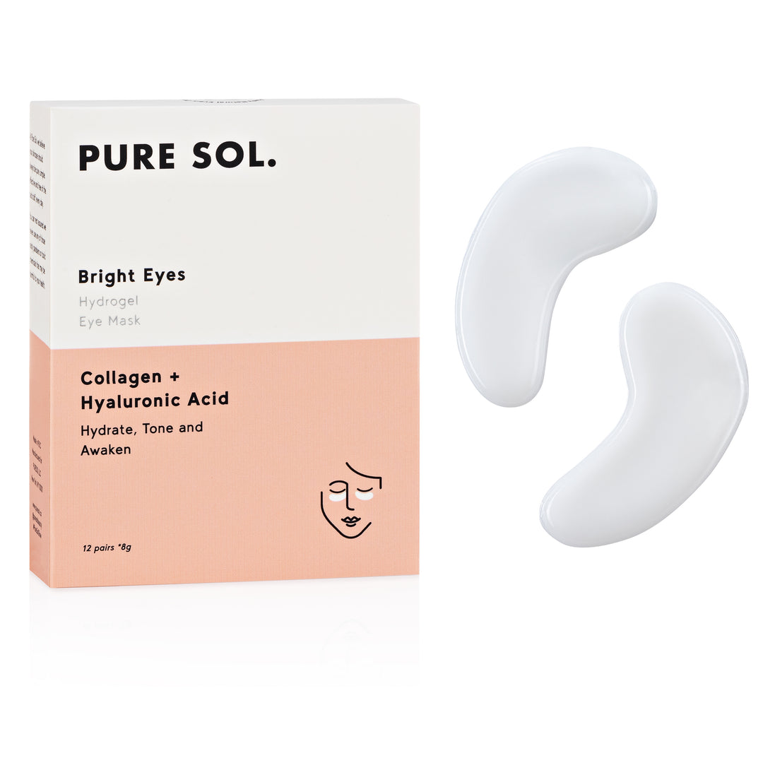 photo of a small yellow and pink box with "Pure Sol Bright Eyes Hydrogel Eye Mask Collagen + Hyaluronic Acid Hydrate, Tone and Awaken" on it with white under eye patches sitting next to it