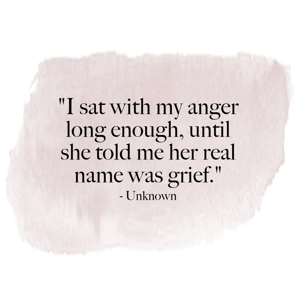 Thoughts on Anger and Grief quote on a soft pink background, featuring black text and a brushstroke design.