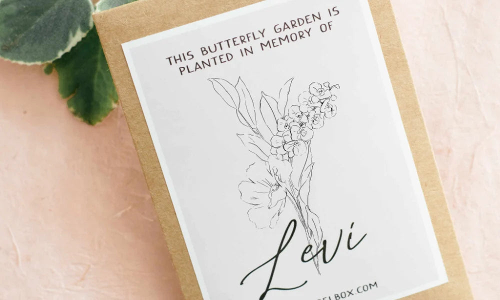 Sympathy gift box with a floral design and text reading "This butterfly garden is planted in memory of Levi".
