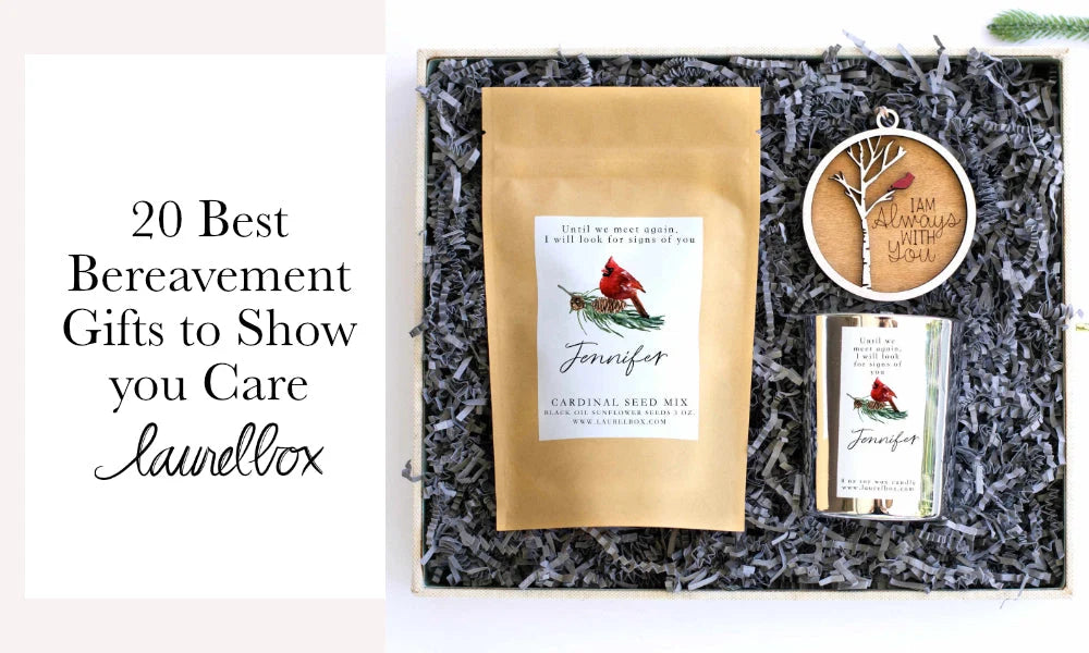 20 Best Bereavement Gifts To Show Your Love & Support includes a seed mix, candle, and wooden ornament in a gift box.