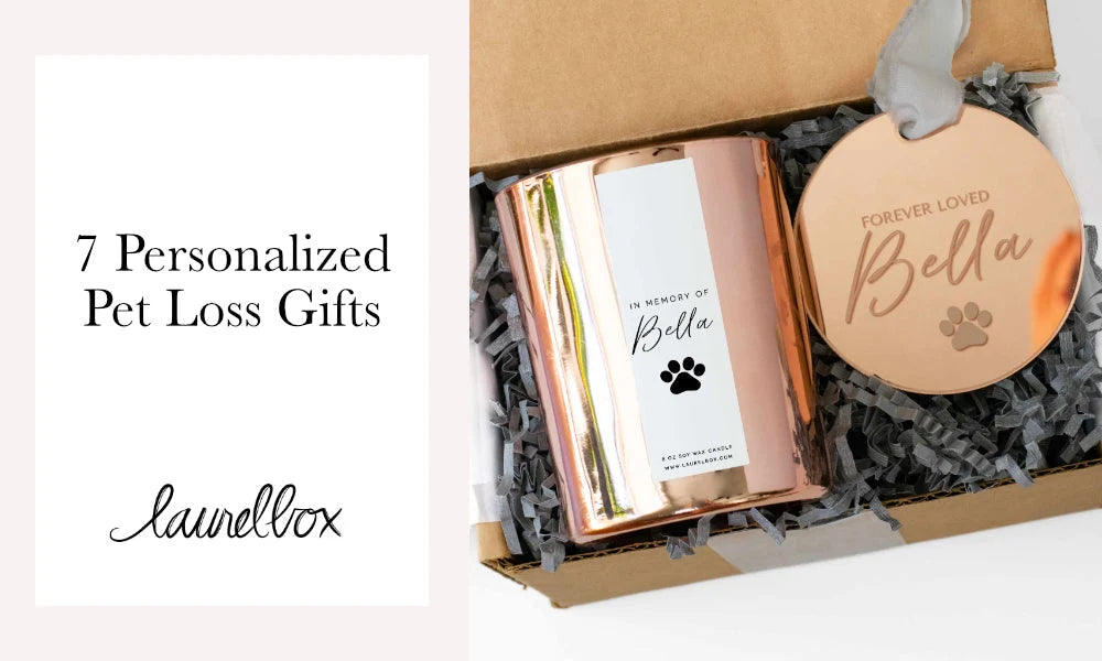 Copper candle with "In Memory of Bella" label and a round ornament saying "Forever Loved Bella" in a gift box.