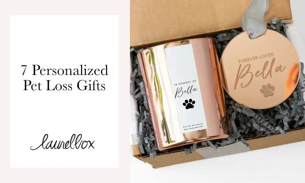 Copper candle with "In Memory of Bella" label and a round ornament saying "Forever Loved Bella" in a gift box.