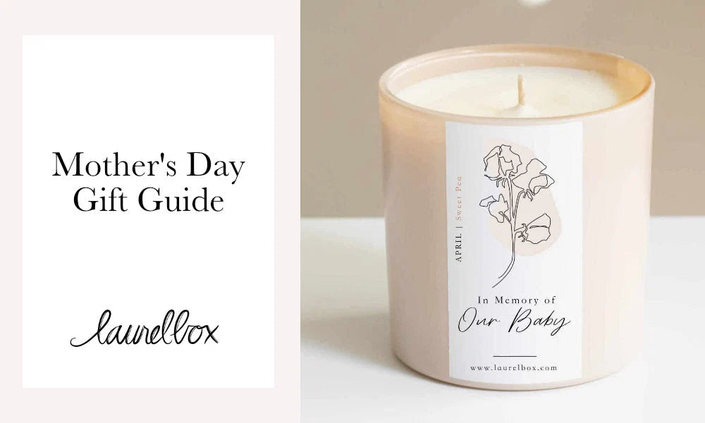 Mothers Day Gift Guide: 10 Thoughtful Sympathy Gifts for Women Who've Lost a Child. Cream candle with a floral label, reads 'In Memory of Our Baby'.