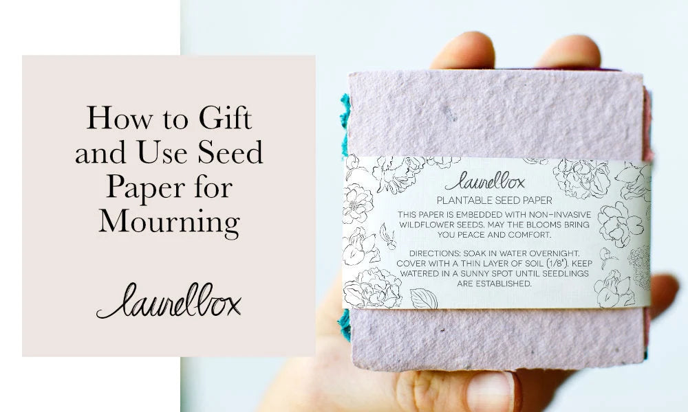 Lavender seed paper wrapped with a floral label, text: "laurenllox plantable seed paper, How to Gift and Use Seed Paper for Mourning."