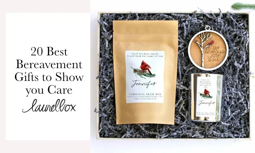 Sympathy gift box with a re-sealable brown bag, a candle, and a round wooden ornament featuring a bird design. 20 Best Bereavement Gifts To Show Your Love & Support.