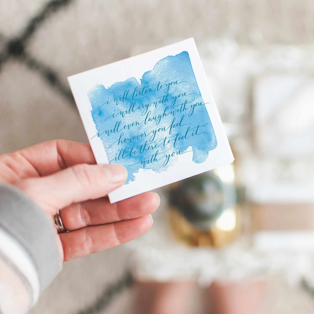 60+ Thoughtful Sympathy Card Messages for Every Situation in 2026, square card with blue watercolor background and handwritten text.