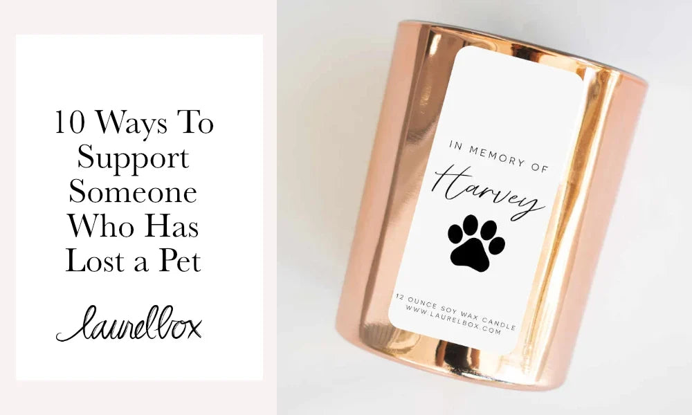Copper candle with a white label reading 'In Memory of Harvey' and a paw print, representing a memorial keepsake.