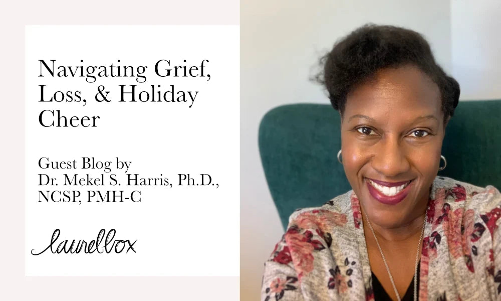 Portrait of a woman smiling, wearing a patterned blouse, with the text 'Navigating Grief, Loss, & Holiday Cheer' prominently displayed.