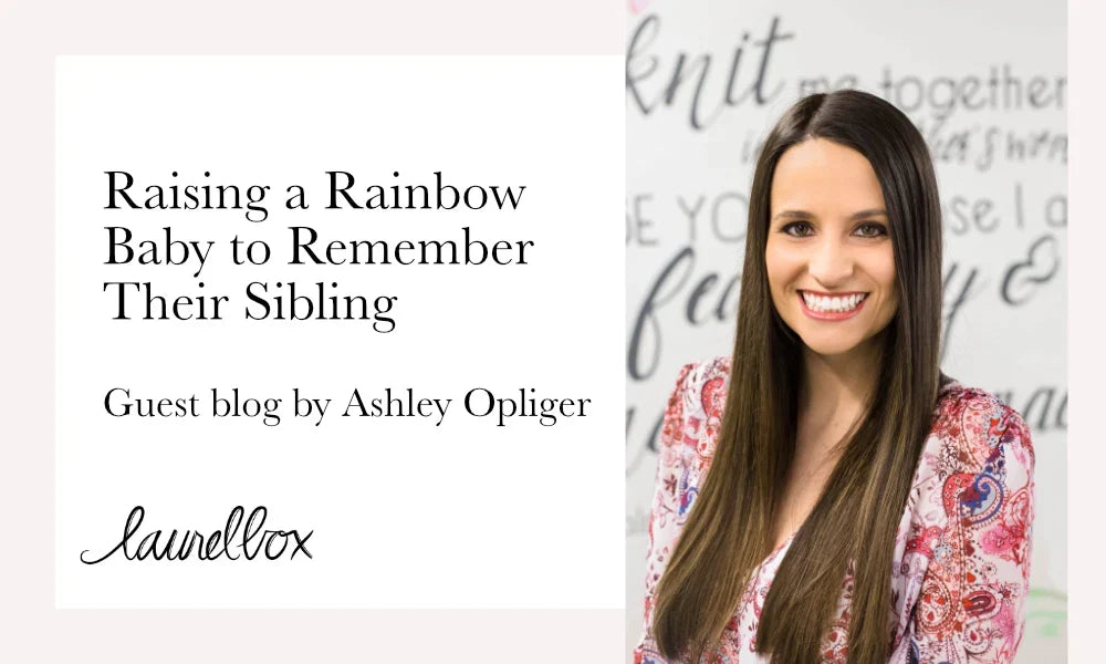 Raising a Rainbow Baby to Remember Their Sibling in Heaven text with a smiling woman wearing a patterned blouse.
