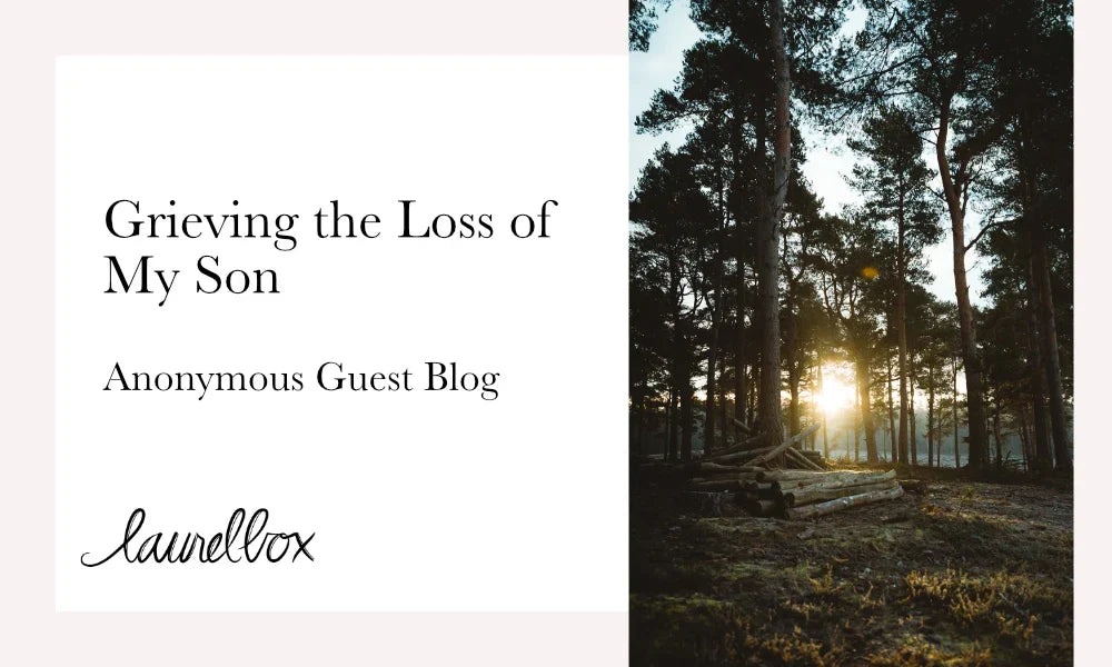Text design titled 'Grieving the Loss of My Son' beside a forest scene with sun rays through trees, featuring a guest blog.