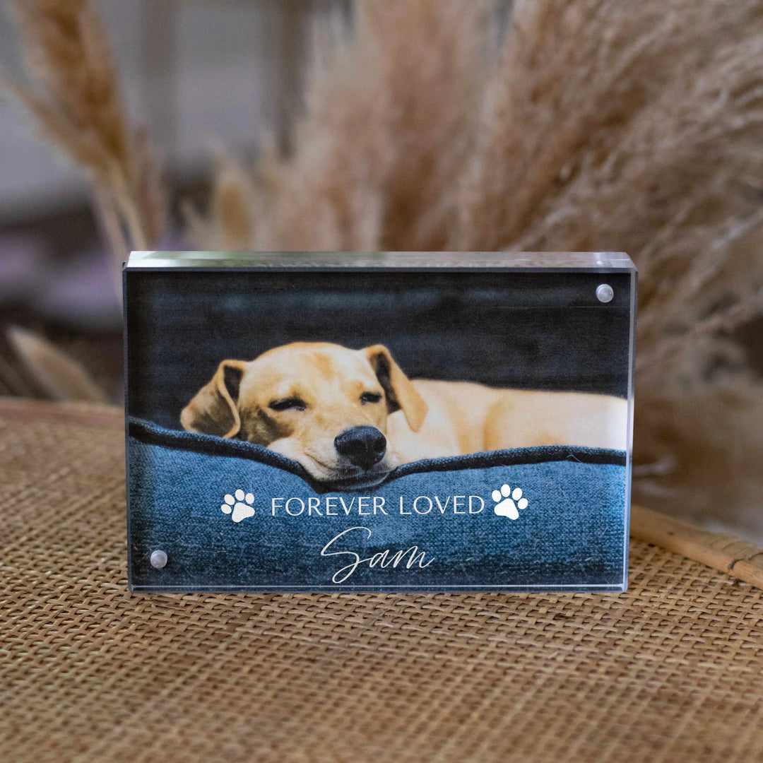 Memorial keepsake featuring a sleeping dog with the text 'FOREVER LOVED Sam' in white on a black background.