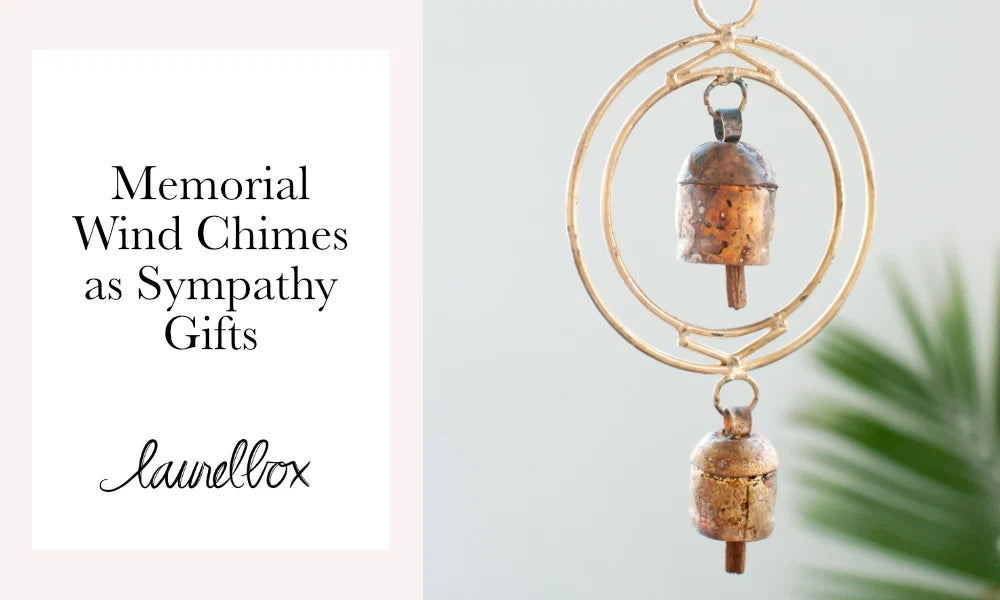 Two bronze memorial wind chimes in a circular gold holder, labeled 'Memorial Wind Chimes as Sympathy Gifts'.