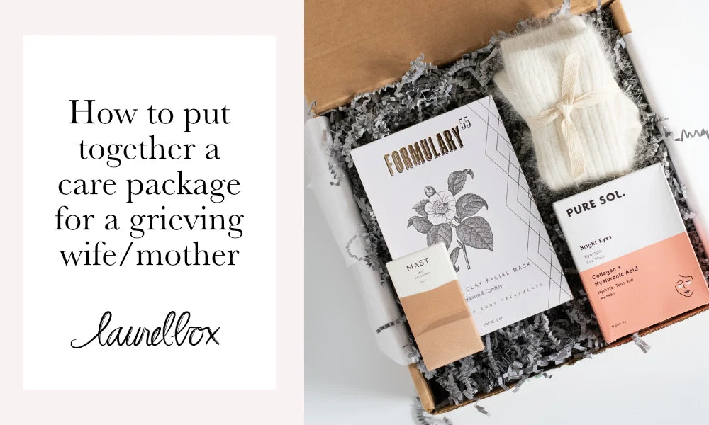Care package for a grieving wife or mother containing skincare products, a clay facial mask, and soft socks.