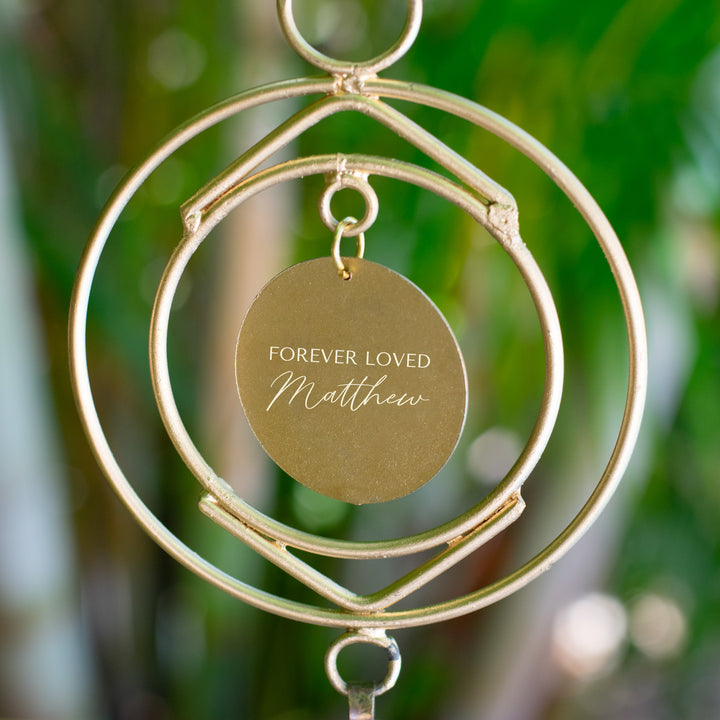 Custom Remembrance Wind Chime with gold circle tag engraved &