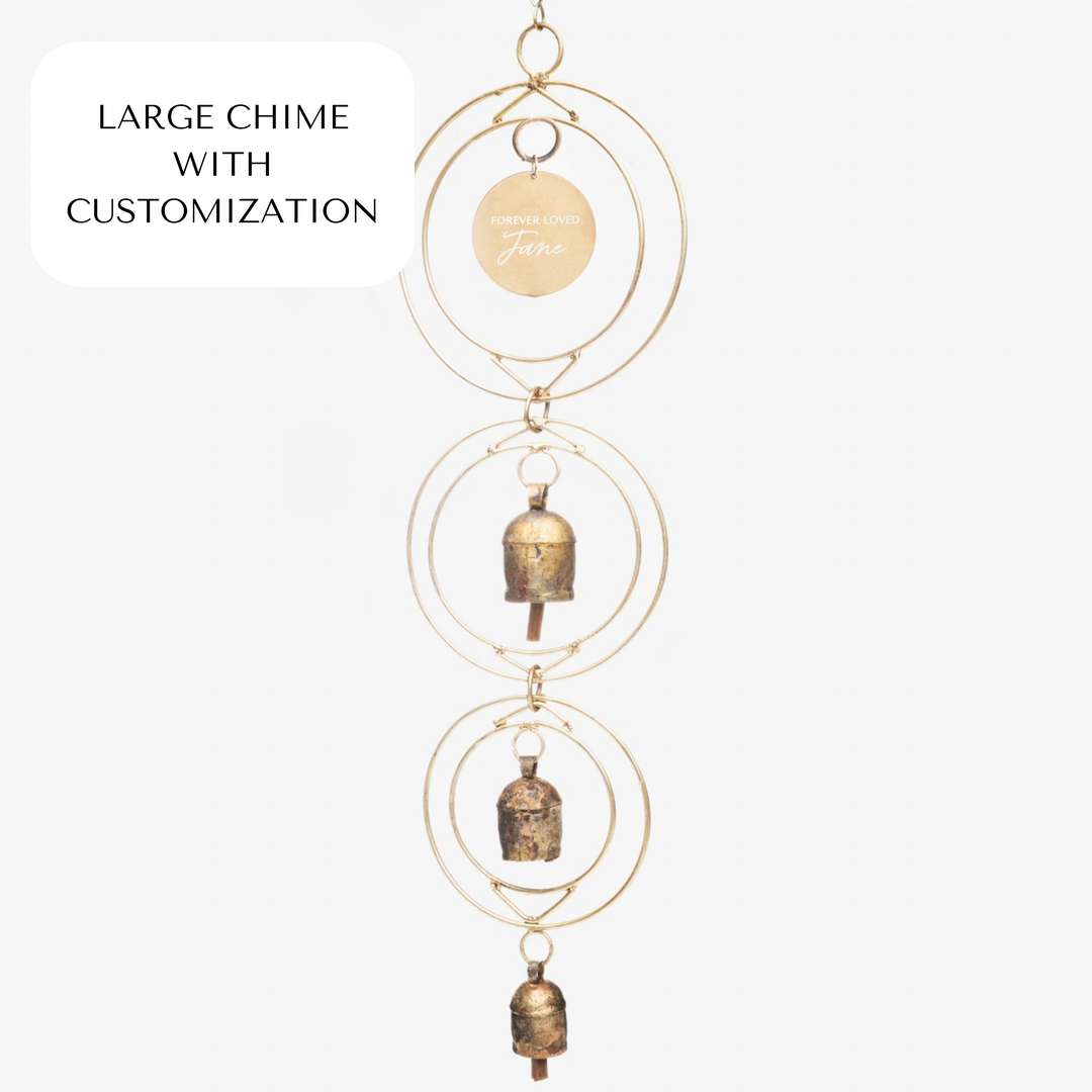 Large chime with three golden rings and three bronze bells, featuring a customizable disc engraved with &