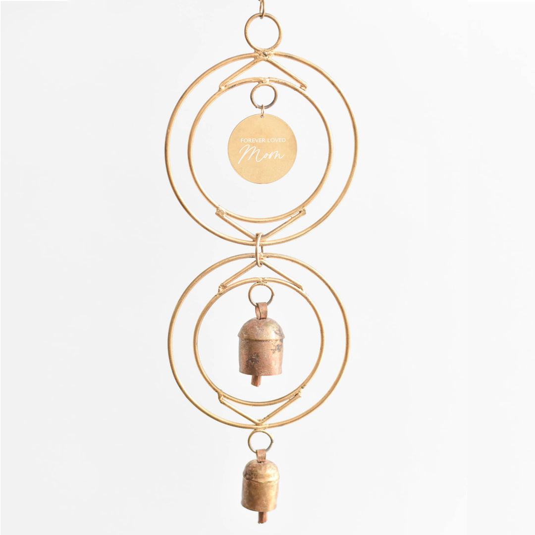 Custom Remembrance Wind Chime with gold circles, engraved "Forever Loved Mom" tag, and two bronze bells.