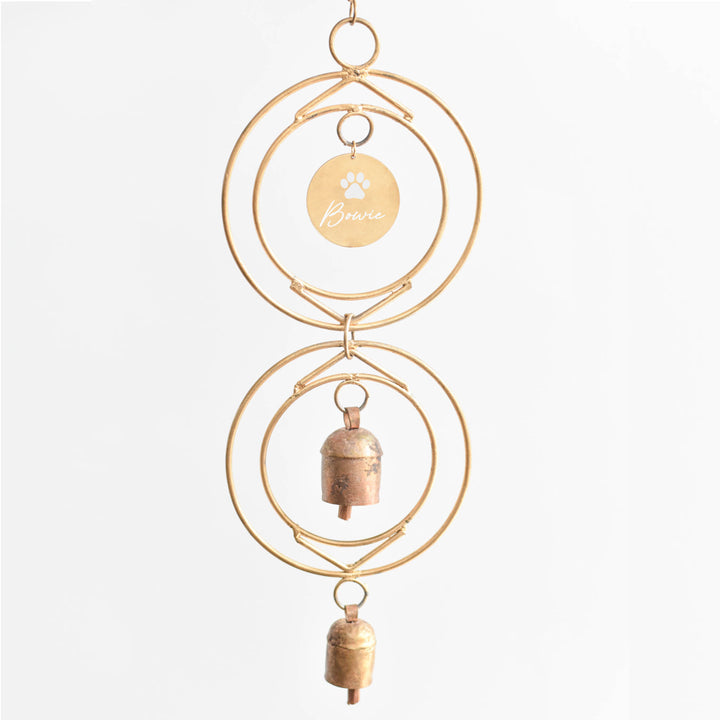 Dog Loss Wind Chime featuring a gold design with a personalized tag and bronze bells for a memorial keepsake.