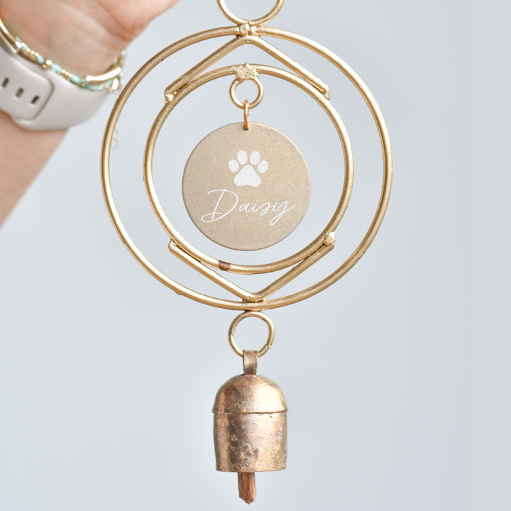 Dog Loss Wind Chime with gold circular frame, personalized round tag labeled &