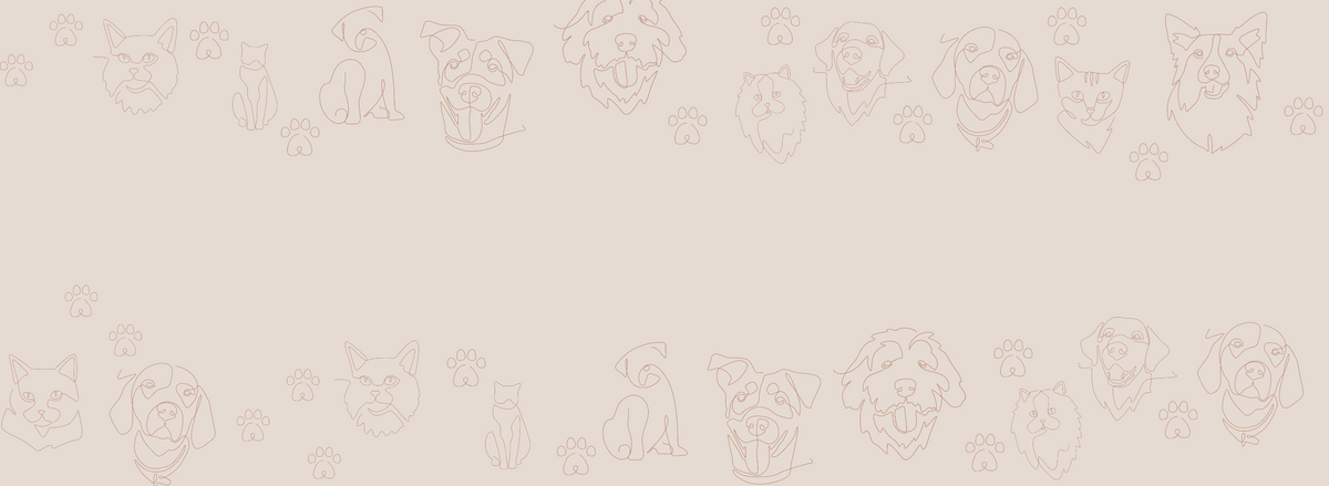 A light blush background with dog and cat faces. 