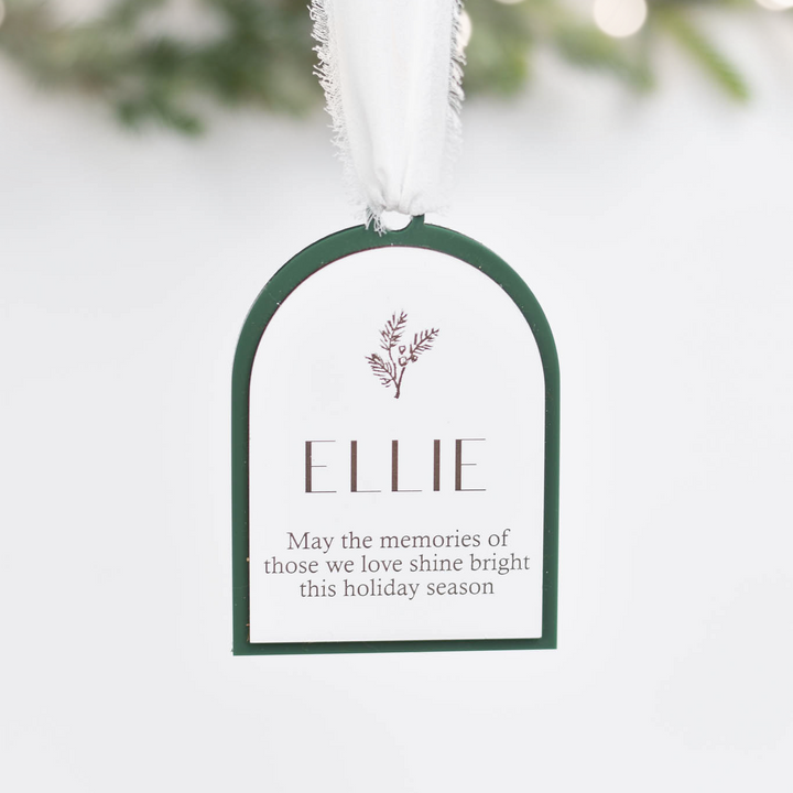 A personalized Christmas ornament tag with a white background, dark green border, and a white hanging ribbon. The tag is personalized with the name &