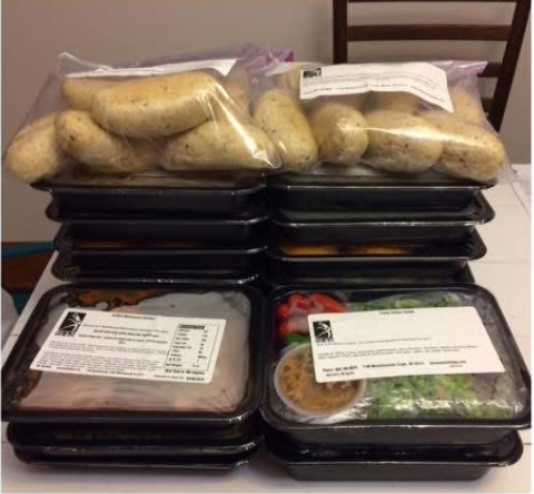 photo of pre-made meals stacked into four piles sitting