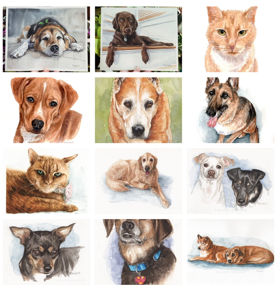 Twelve images of different dogs and cats that are hand drawn and painted.
