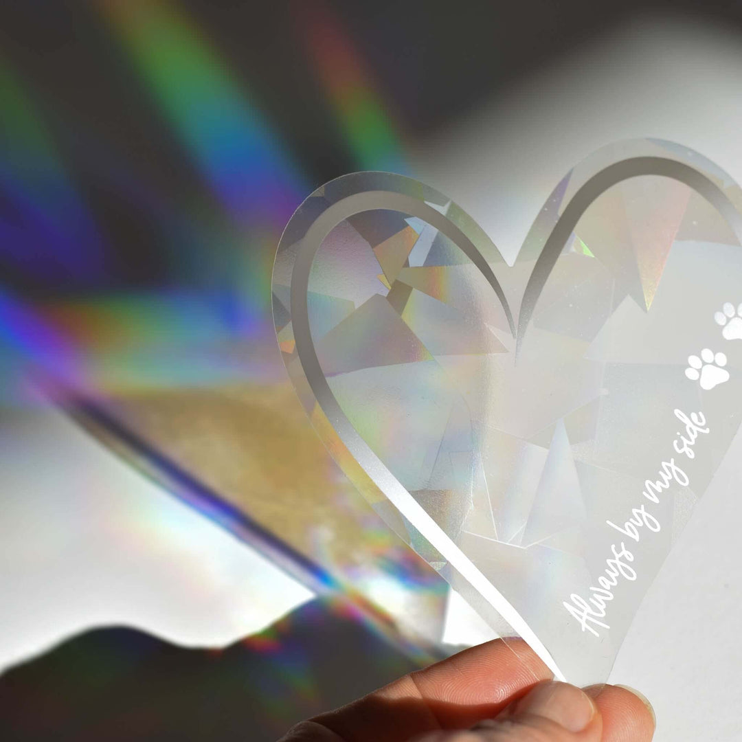 Always by My Side Pet Memorial Rainbow Decal, heart-shaped, clear prismatic material, text &
