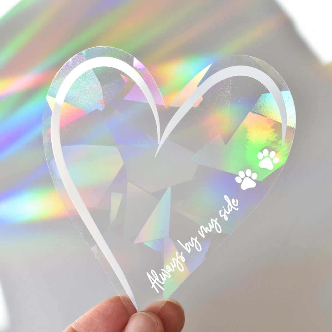 Always by My Side Pet Memorial Rainbow Decal in heart shape, clear prismatic material, with paw prints and text.
