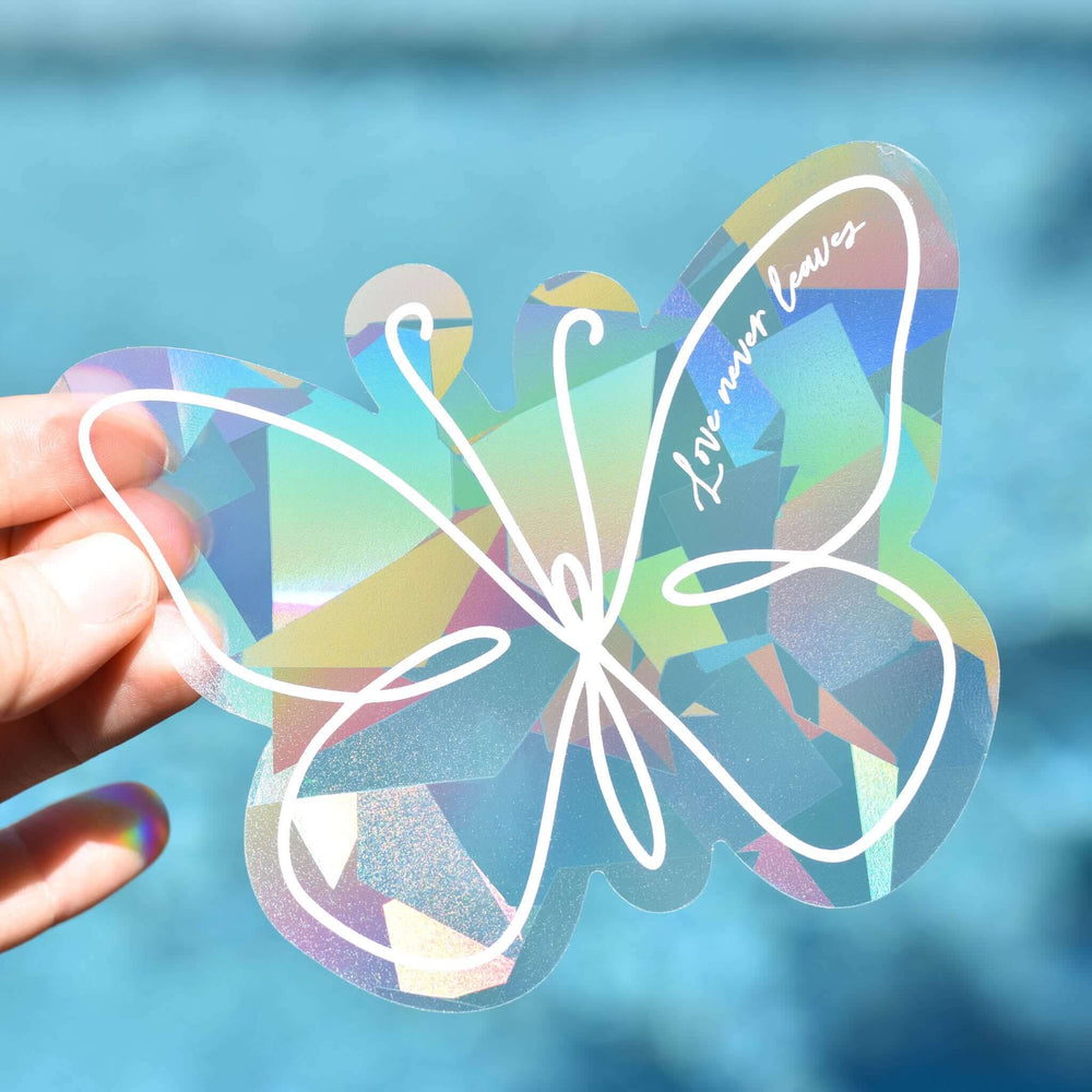 Look for me in Rainbows Sun Catcher Decal Set, butterfly design with clear base, colorful prismatic effect, white text.