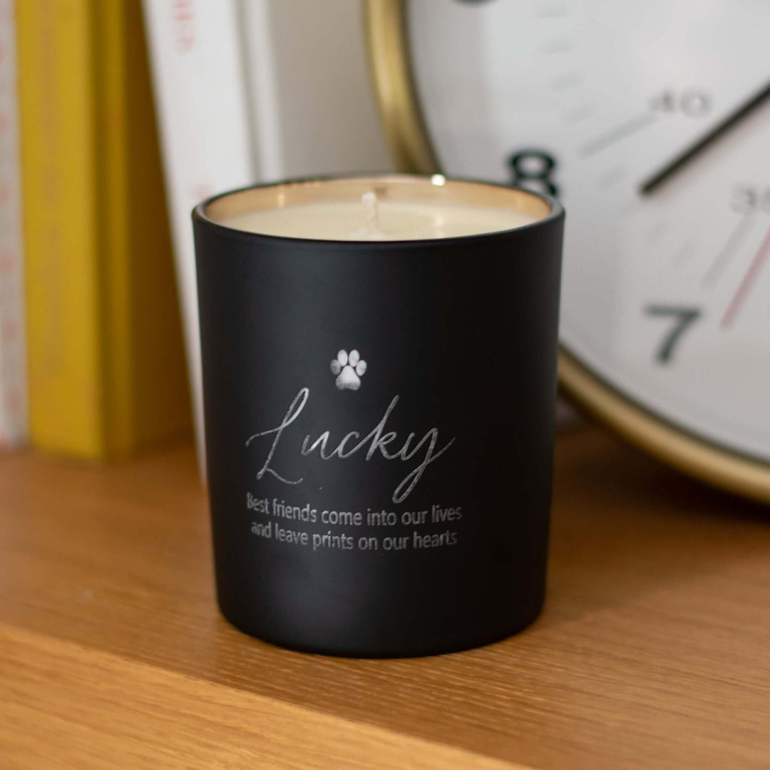 Custom Engraved Pet Memorial Candle in matte black with engraved name &