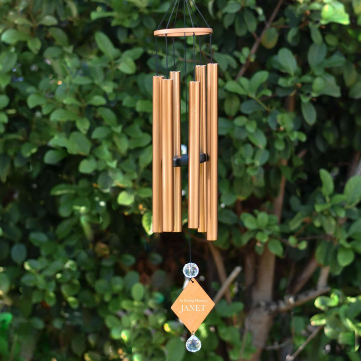Custom Sympathy Wind Chime and Sun Catcher in copper finish with engraved tag &