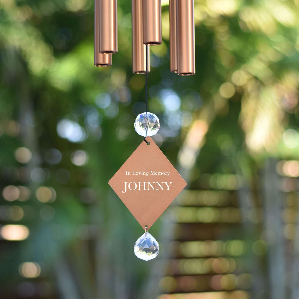 Custom Sympathy Wind Chime and Sun Catcher with copper tubes, crystal drops, and a memorial tag for Johnny.