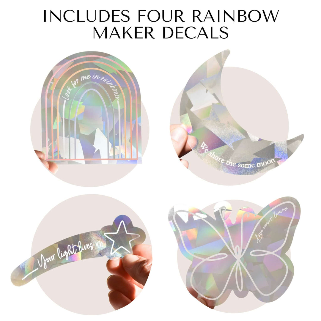 Look for me in Rainbows Sun Catcher Decal Set featuring a rainbow, moon, butterfly, and shooting star designs.