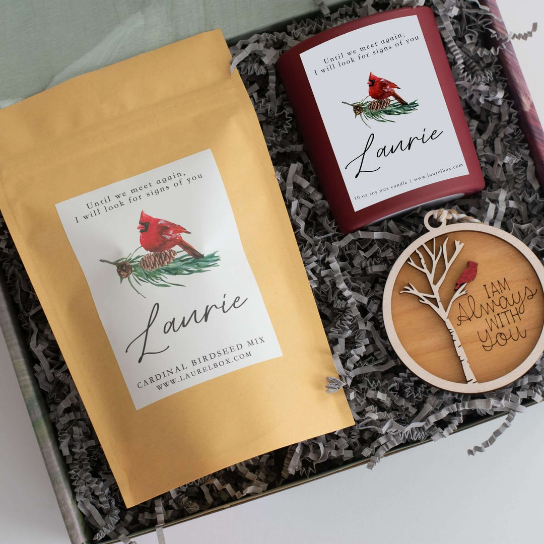 Morningside Resident Sympathy Gift with a cardinal-themed candle, birdseed mix, and wooden keepsake in premium packaging.