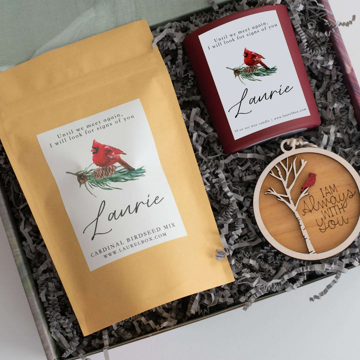 Morningside Resident Sympathy Gift with a cardinal-themed candle, birdseed mix, and wooden keepsake in premium packaging.