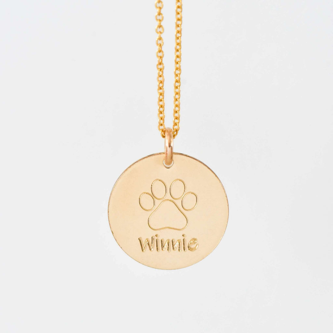 Personalized Pet Necklace featuring a gold filled charm with a paw print and the name 'Winnie' engraved on it.