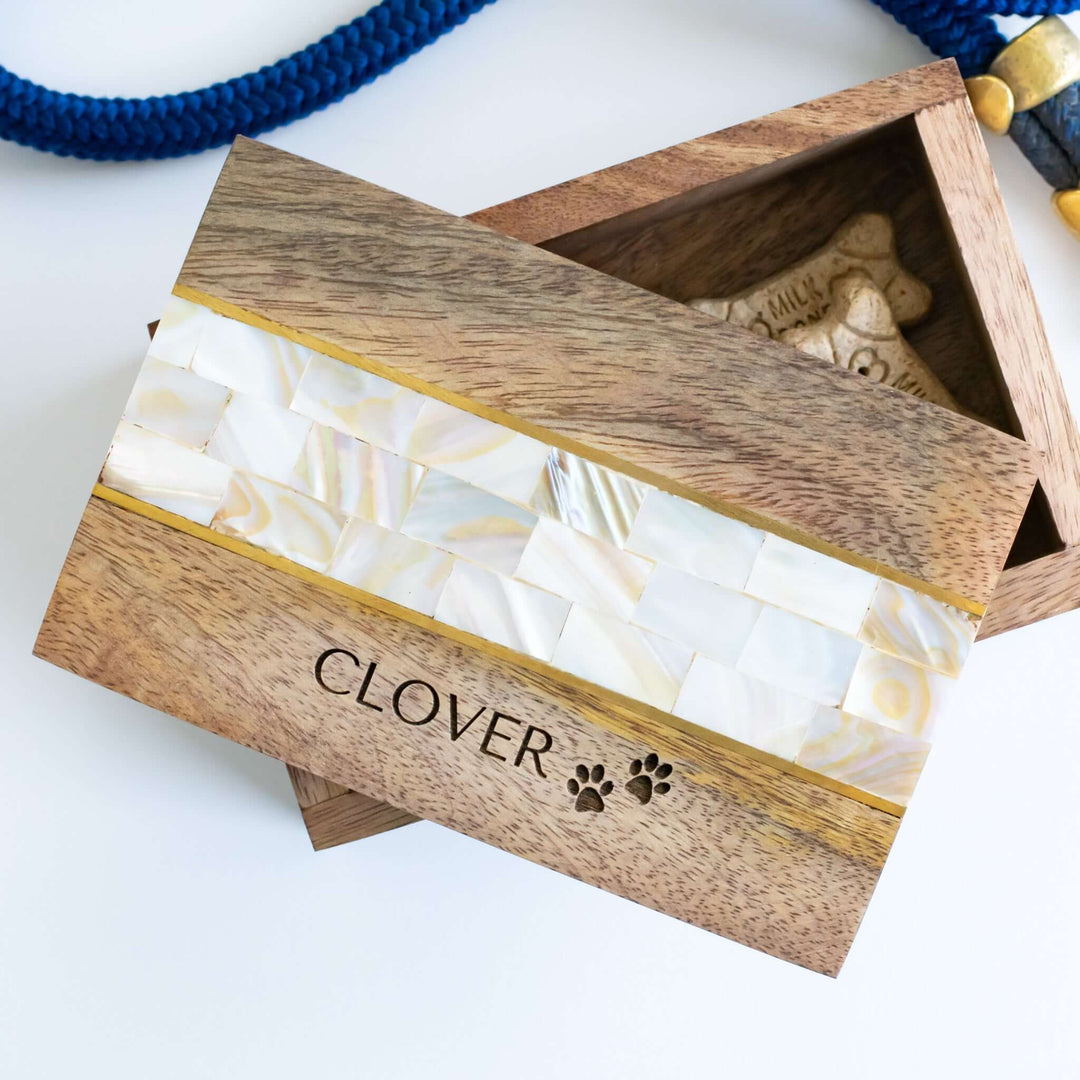 Pet Keepsake Memory Box made of mango wood with mother of pearl inlay, engraved &