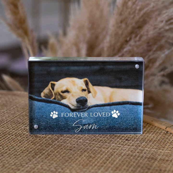 Pet Memorial Engraved Frame and Candle Gift; clear frame with a photo of a sleeping dog, text &