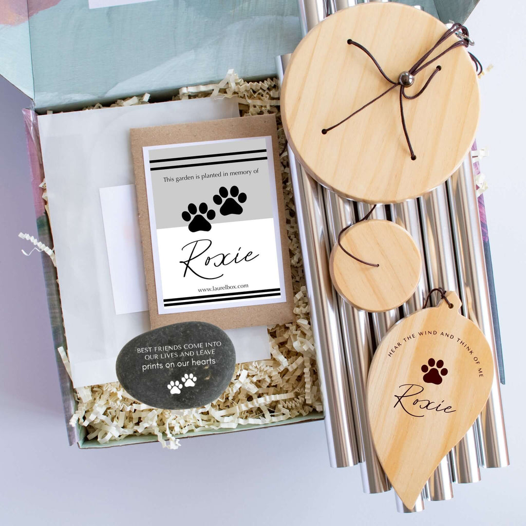 Pet Memorial Garden Set with personalized seed packet, bamboo tags, grey stone, and straw in a gift box.