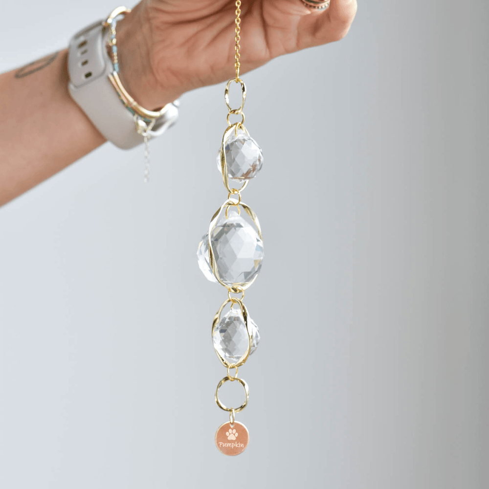 Pet Memorial Sun Catcher and Rainbow Maker, clear crystal beads, gold metal chain, engraved charm with paw print, elegant design.