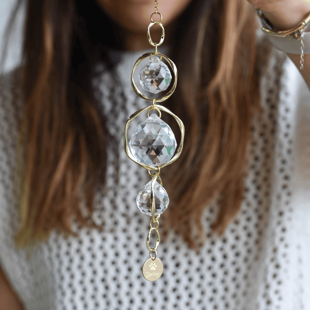 Pet Memorial Sun Catcher and Rainbow Maker with three crystal shapes and a gold chain, engraved with &