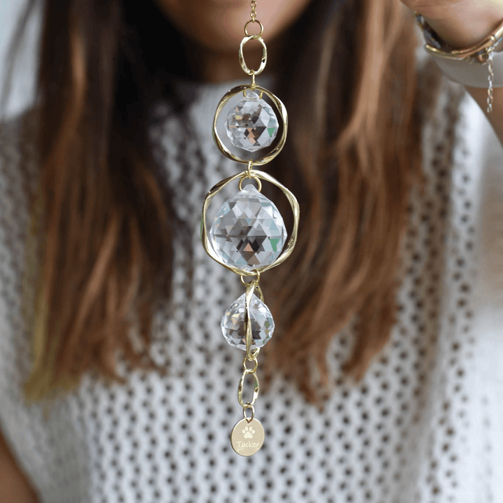 Pet Memorial Sun Catcher and Rainbow Maker with three crystal shapes and a gold chain, engraved with &