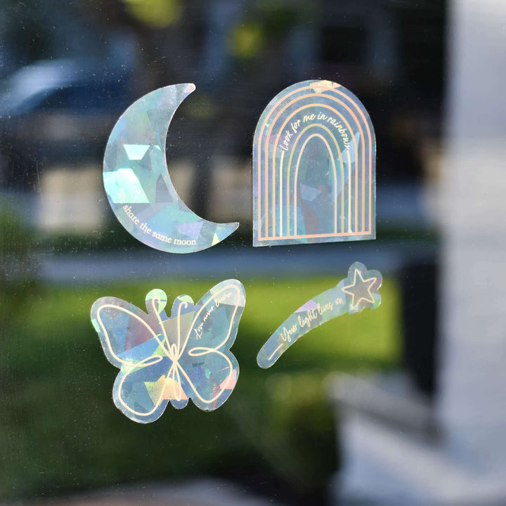Look for me in Rainbows Sun Catcher Decal Set with rainbow, moon, butterfly, and shooting star designs on clear material.