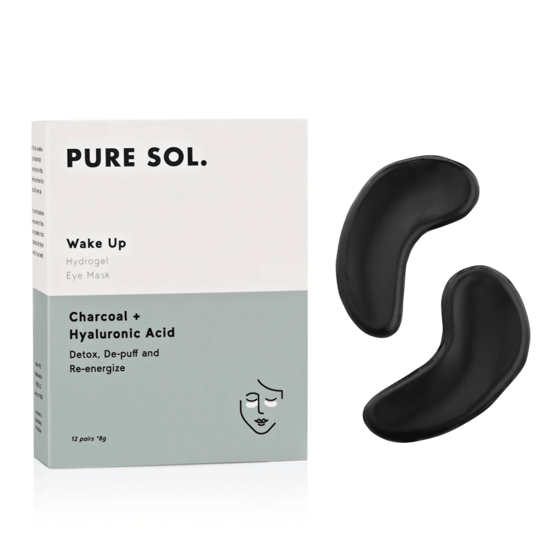 Soothing Under Eye Hydrogel Mask in black with box packaging, featuring charcoal and hyaluronic acid details.