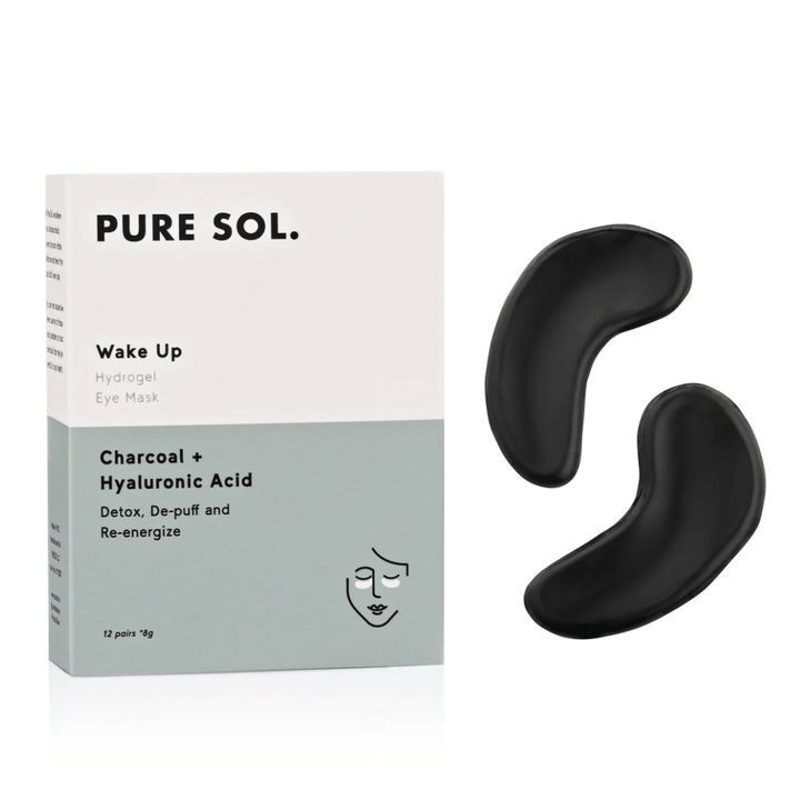 Soothing Under Eye Hydrogel Mask in black with box packaging, featuring charcoal and hyaluronic acid details.