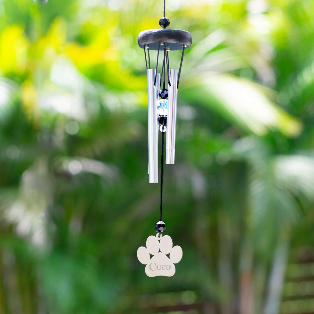 Rainbow Bridge Dog Wind Chime with silver tubes, black beads, paw print engraving 'Coco', designed for pet memorial.