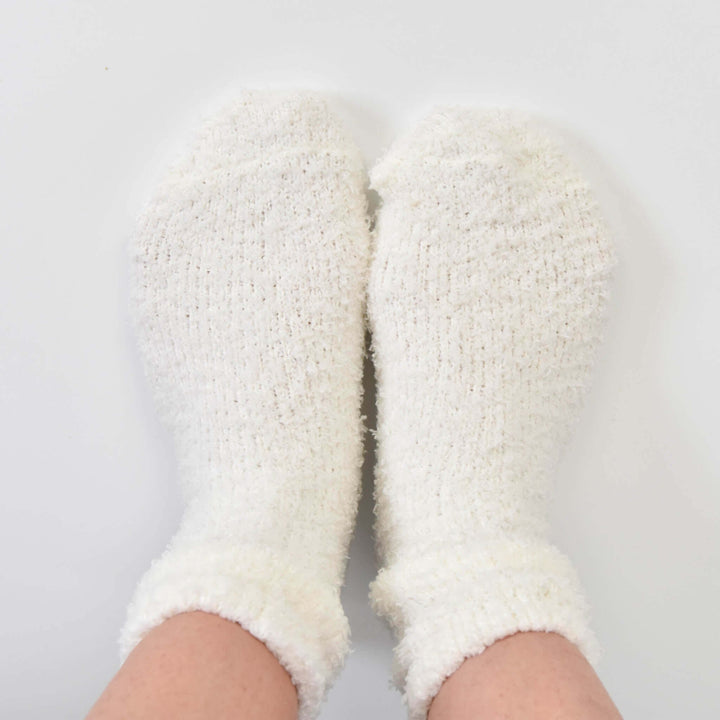 Super Soft Socks in white microfiber knit material, showing cozy texture and fuzzy design, ideal for remembrance gift.